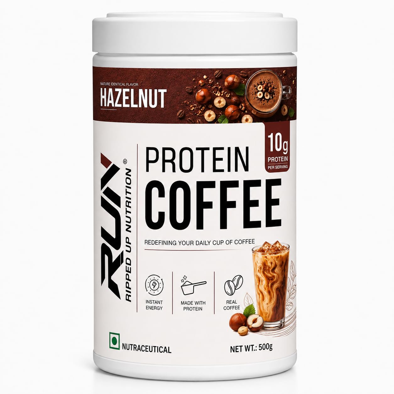 Ripped Up Nutrition Protein Coffee 500g | Over 10g Protein per Serving | Whey Protein Instant Drink | Low Fat & Low Carb | For Men & Women (Hazelnut)
