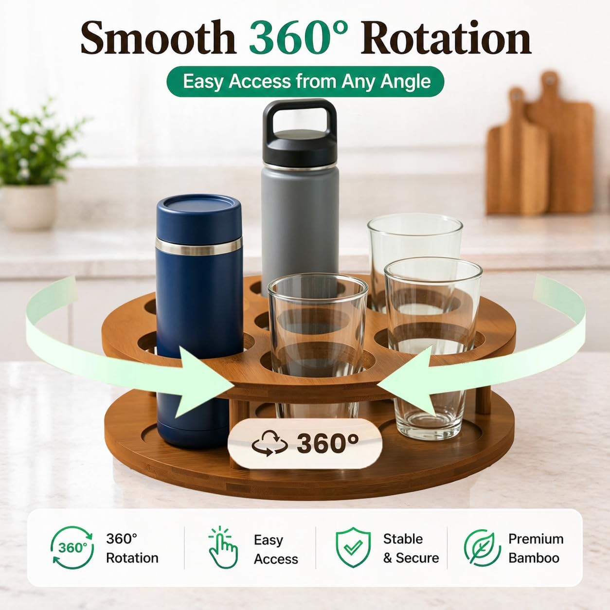 7-Slot Bamboo Water Bottle Organizer for Cabinet, Lazy Susan Rotating Cup Holder Rack for Kitchen Countertop & Pantry, Fits 40 oz Tumblers & Coffee Syrup Bottles, Vintage Brown