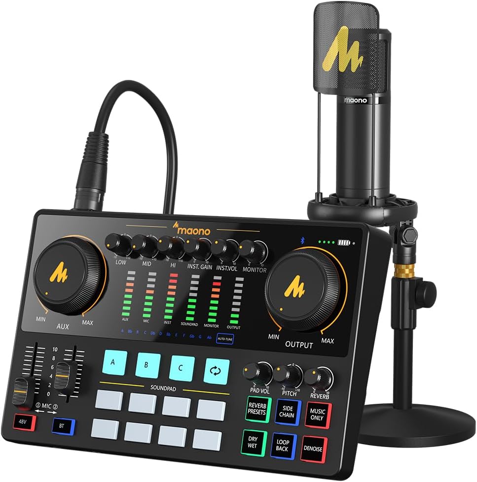 MAONO Podcast Equipment Bundle-Audio Interface-XLR Condenser Microphone-MAONO MaonoCaster-All in One-Podcast Production Studio for Podcast Recording, Streaming, Youtube, DJ, PC, Smartphone (AME2A)