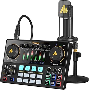 MAONO Podcast Equipment Bundle with Audio Interface and XLR Condenser Microphone, MaonoCaster with 48V Phantom Power, Bluetooth for Podcast, Streaming, Voice Over, Youtube, PC, Guitar (AME2A)
