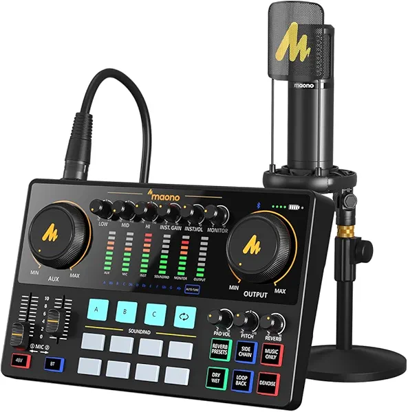 MAONO Podcast Equipment Bundle with Audio Interface and XLR Condenser Microphone, MaonoCaster with 48V Phantom Power, Bluetooth for Podcast, Streaming, Voice Over, Youtube, PC, Guitar (AME2A