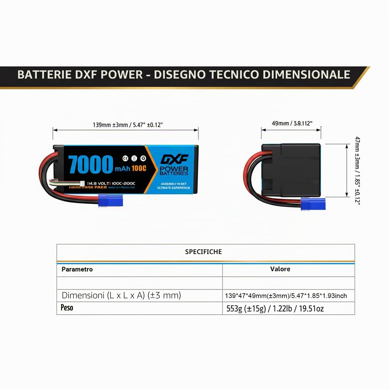 DXF 2 pacco batteria lipo 4s - potenza per veicoli RC: 14,8 V, 7000 mAh, 100 C, connettore EC5 - lipo 4s perfetta per Emaxx, Bandit, Losi e molti altri. - potente batteria lipo 4s per il massimo