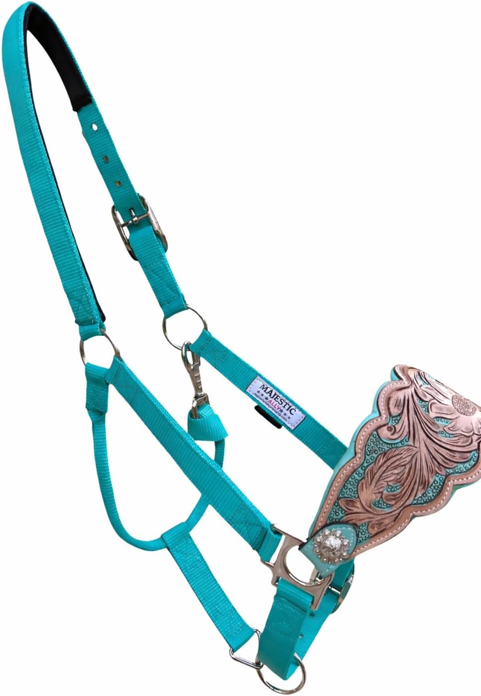 Majestic Ally Western Horse Bronc Halter, Turquoise Padded Leather Noseband, Antique Finish, Tooled Floral Design, Adjustable Nylon