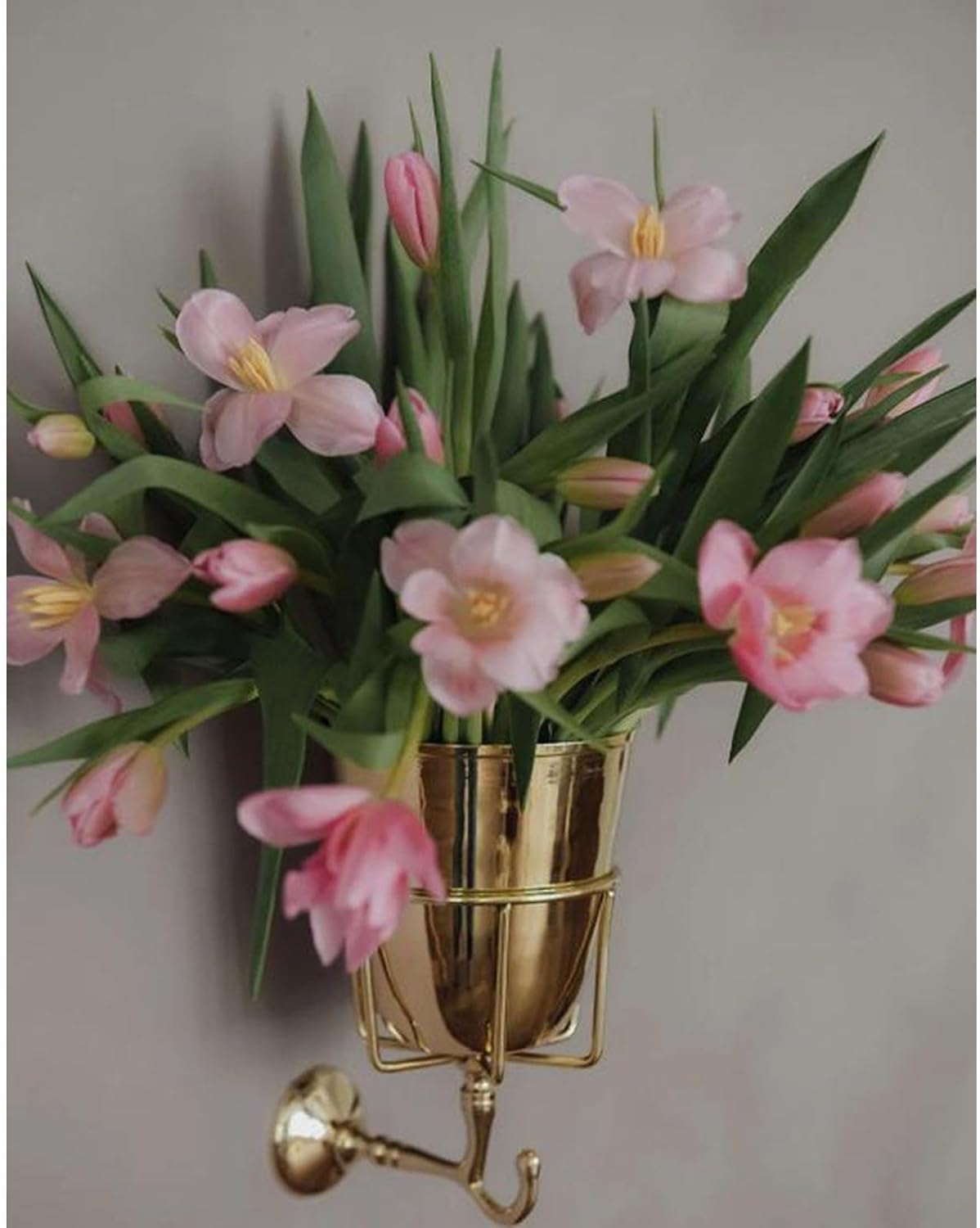 Wall-Mounted Metal Vase Holder with Brush Hook, Gold Finish, Decorative Flower Container