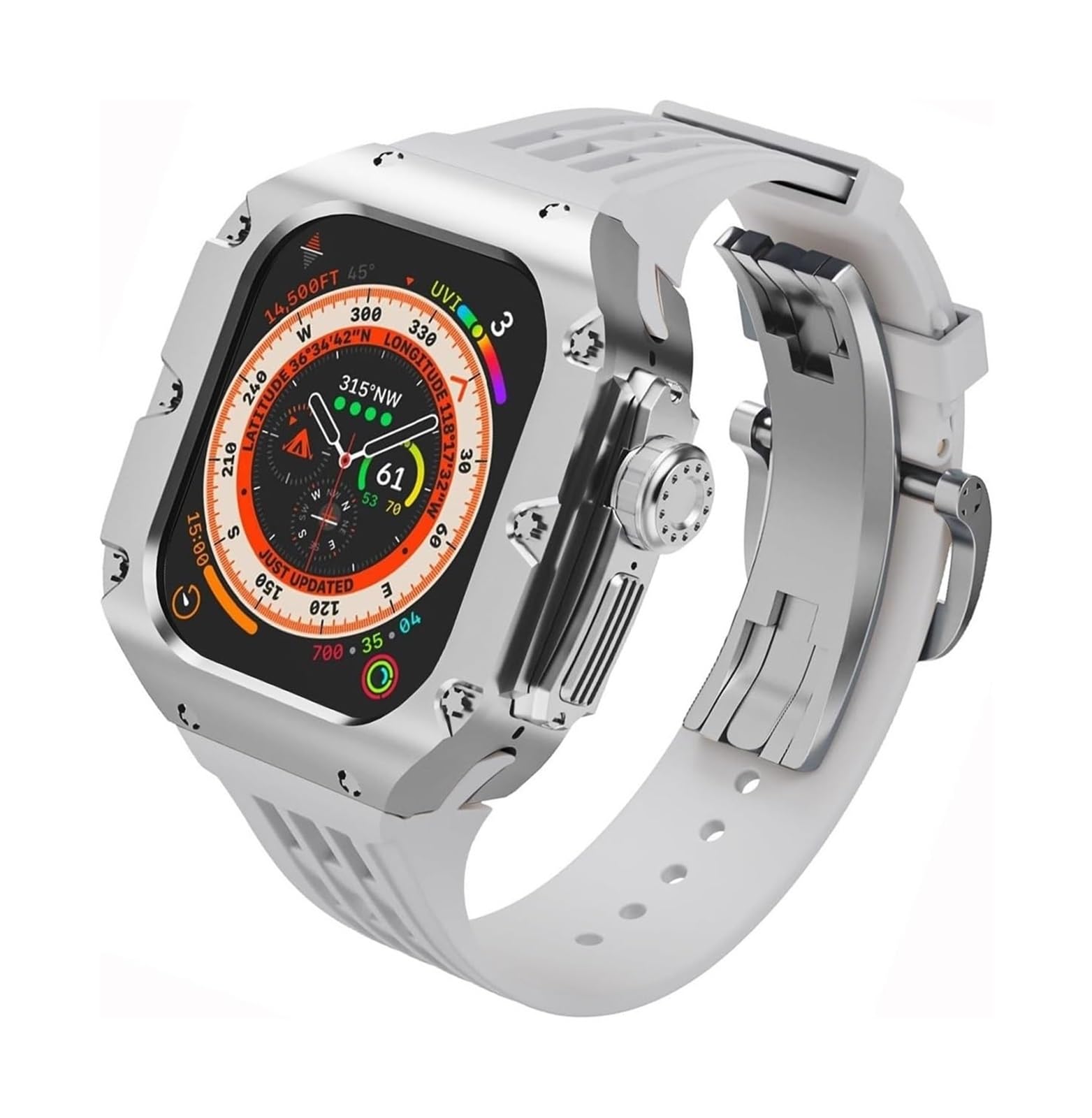 Tytanowa metalowa obudowa do zegarka, gumowa opaska, zestaw modów, do Apple Watch Series Ultra 2 49 mm, akcesoria zastępcze, mężczyźni kobiety styl Rm etui do zegarka, zestawy modyfikacji paska