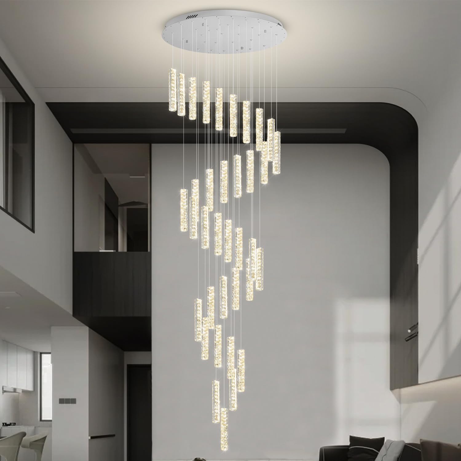 150in Long Crystal Chandelier Large Spiral Stair Chandeliers for High Ceilings Foyer Entryway Flush Mount Ceiling Lights 36-Light Silver LED Dimmbale