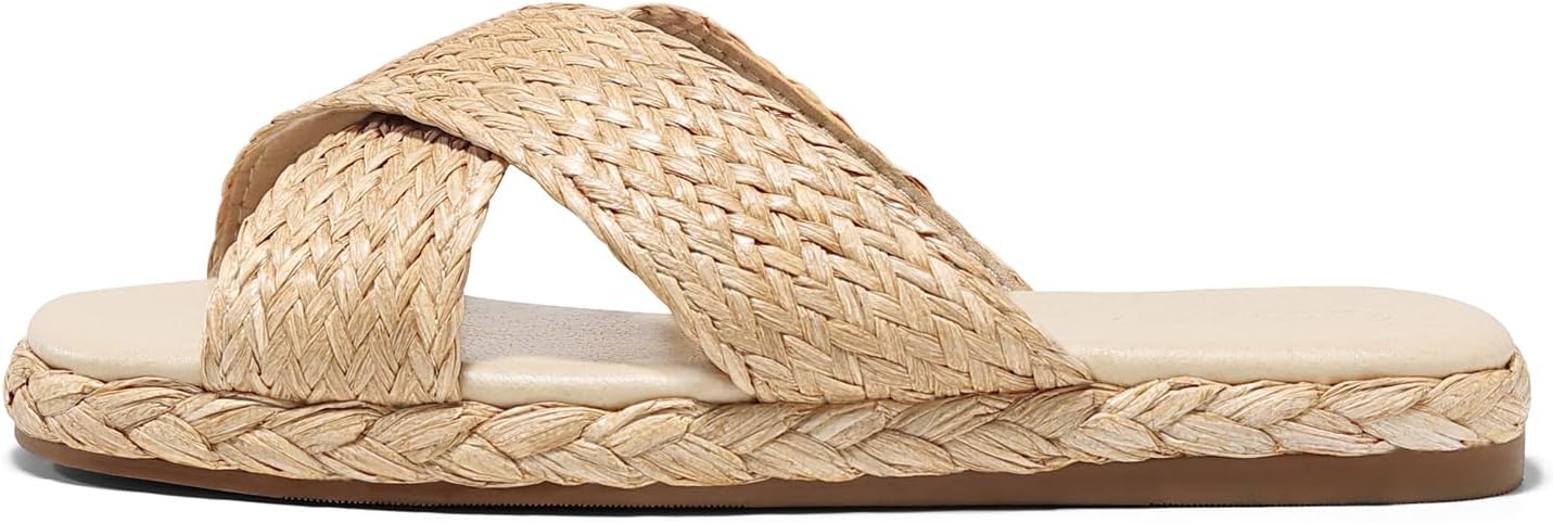 Coutgo Womens Flat Sandals Espadrilles Raffia Open Toe Slides Braided Slip On Summer Beach Shoes - Image 6