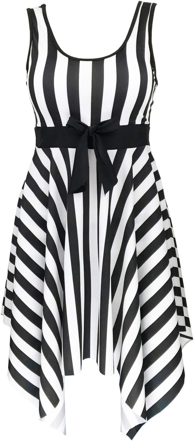 DANIFY Women's One Piece Swimsuit Sailor Striped Plus Size Swimwear Cover up Swimdress,1-black,IT58/US24