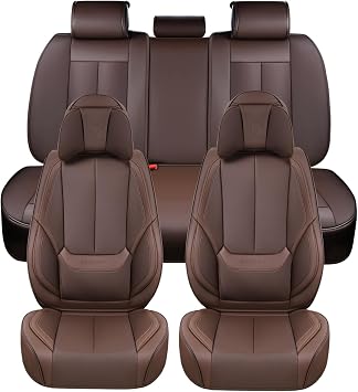 Coverado Front and Back Seat Covers 5 Pieces, Waterproof Nappa Leather Auto Seat Protectors Full Set with Head Pillow, Universal Car Accessories Fit for Most Sedans SUV Pick-up Truck, Brown