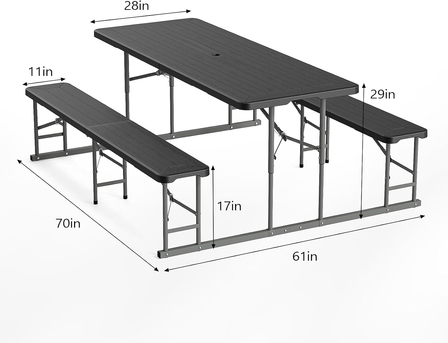 VINGLI Folding Picnic Table and Bench Set with Umbrella, Portable Outdoor Dining Furniture for Camping, Patio, Backyard, Wood Grain Plastic Top with Metal Frame with Dark Blue Umbrella