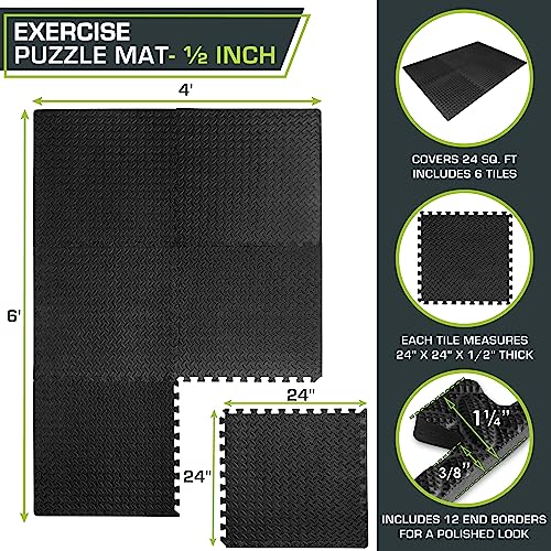 ProsourceFit Puzzle Exercise Mat ½ in, EVA Interlocking Foam Floor Tiles for Home Gym, Mat for Home Workout Equipment, Floor Padding for Kids, Black, 24 in x 24 in x ½ in, 24 Sq Ft - 6 Tiles - Image 3