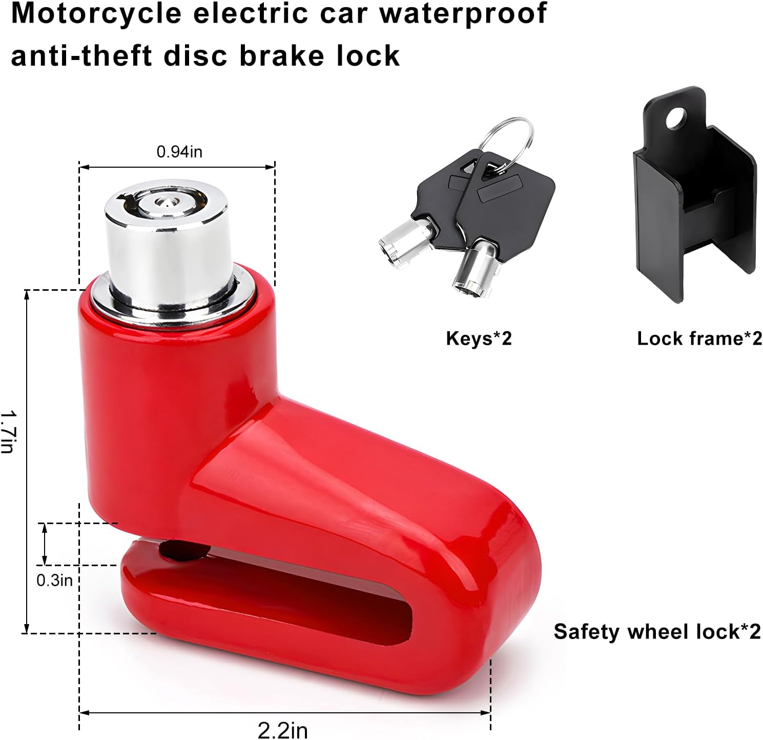 2PCS Motorcycle Disc Brake Lock, Anti-Theft Waterproof Safety Wheel Brake Lock with Keys, Heavy Duty Security Disc Padlock for Motorcycles Bikes Scooters, Motorcycle Accessories (Red)