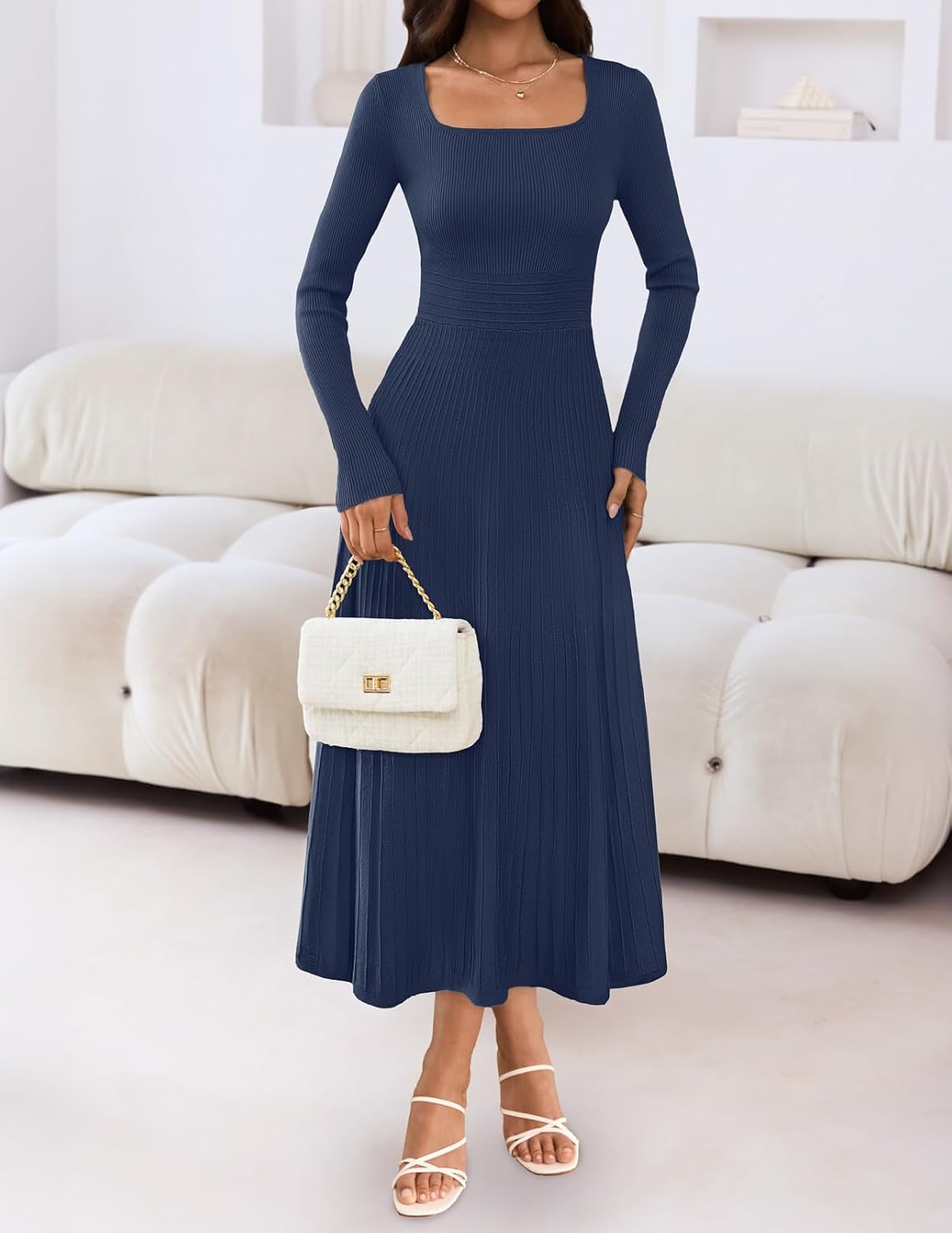 MEROKEETY Women's Sweater Dress 2025 Fall Winter Casual Long Sleeve Square Neck Pleated Church Work Knit Midi Dresses - Image 3