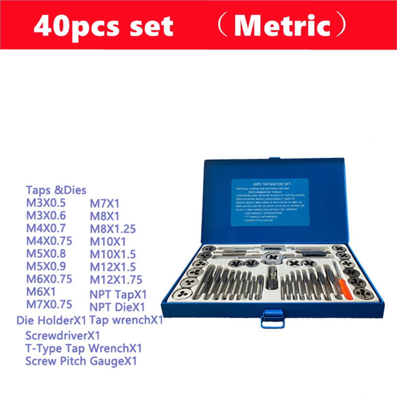 Juego de 40 machos y terrajas métricos e imperiales, utilizados for la combinación de herramientas de reparación y roscado manual de roscas internas y externas(40pcs-Metric)