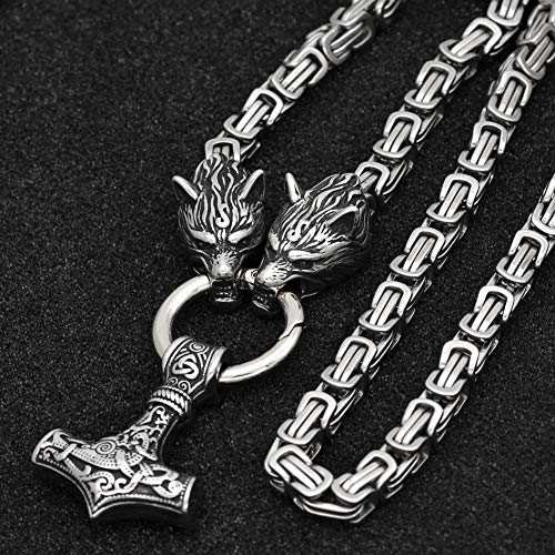 Guoshuang Men Stainless Steel Wolf Head Norse Viking Amulet Thor Mjolnir Necklace King Chain With Valknut Gift Bag (27 Inch) #TOP2