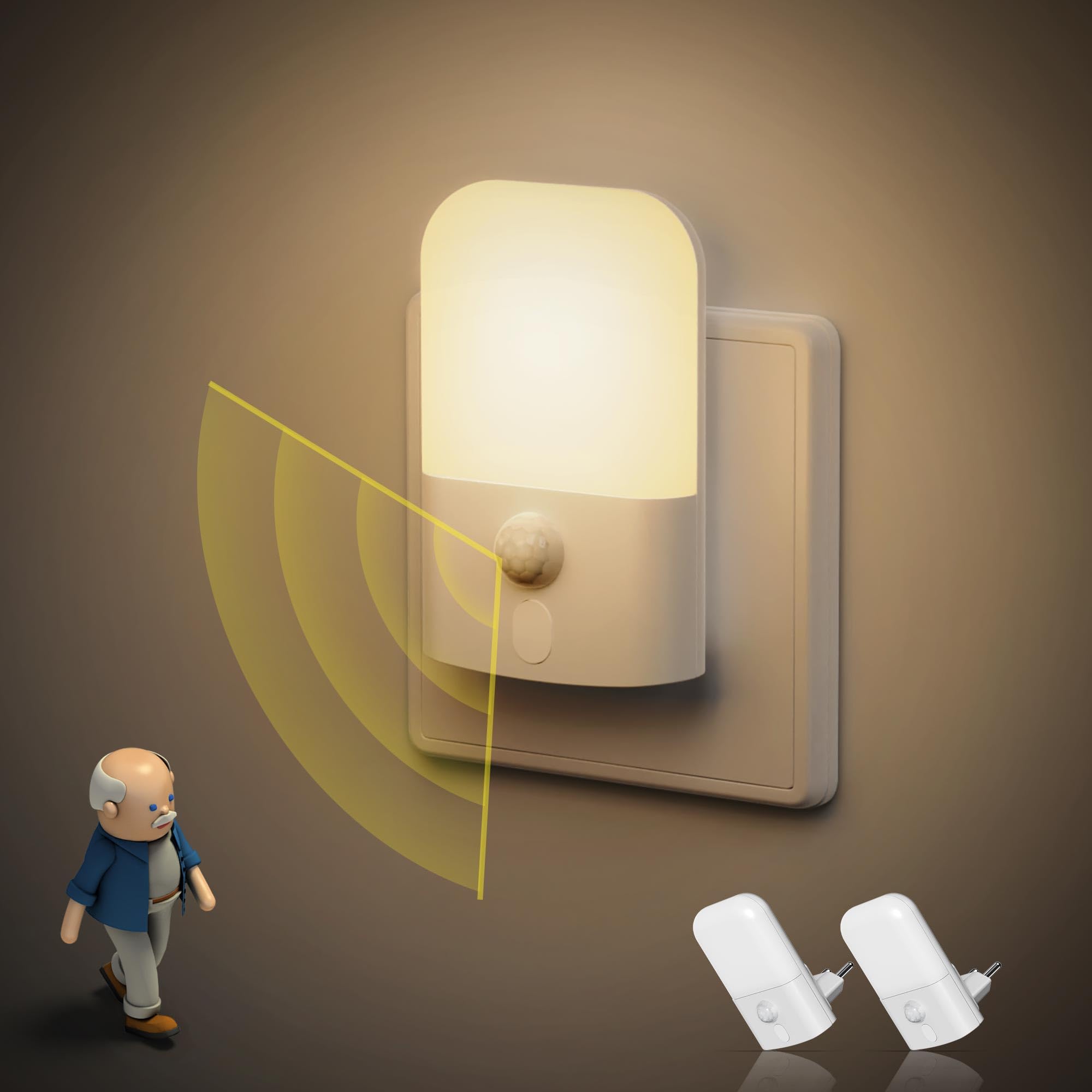 Emeritpro Nachtlicht Steckdose mit Bewegungsmelder, 5 Einstellbare Helligkeitsstufen, 2700K Warmweiß, Auto Modi, Nachtlicht Kinder für Flure Wohnzimmer Treppen Küchen Wohnzimmer Schlafzimmer, 2 Stück