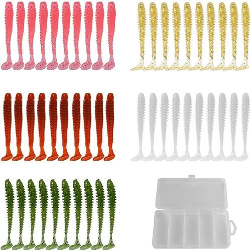 Leurre Souple 7 cm 5 Couleurs Kit de 50 Leurres Pêche avec Boîte Cover