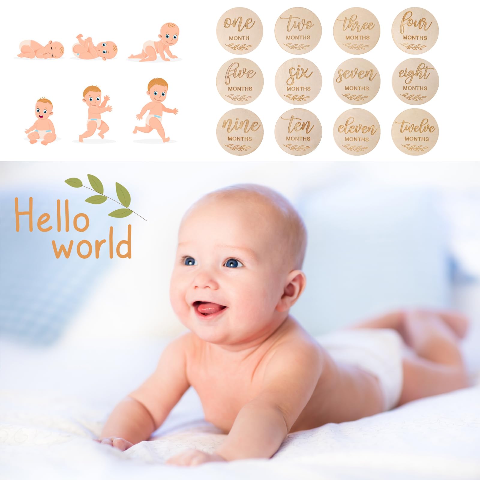 DBREAKS 14 Baby Wooden Milestone Cards Pregnancy/Baby,Tarjetas de Hitos para Bebés madera,Tarjetas meses Bebé,Milestone cards,Regalos para embarazadas,Regalos para recién nacidos y futuras mamás.