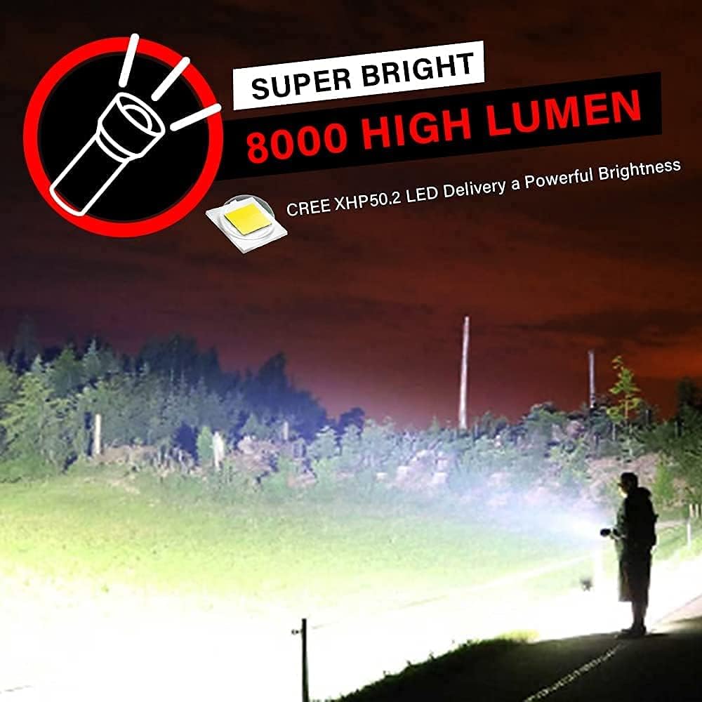 Rechargeable LED Tactical FLashlights High Lumens, 8000 Lumens XHP50 Super Bright LED Flashlight with 2200mah Battery, Zoomable, IPX6 Waterproof, 5Modes, Powerful Handheld Flashlight for Camping, 2PCS - - 