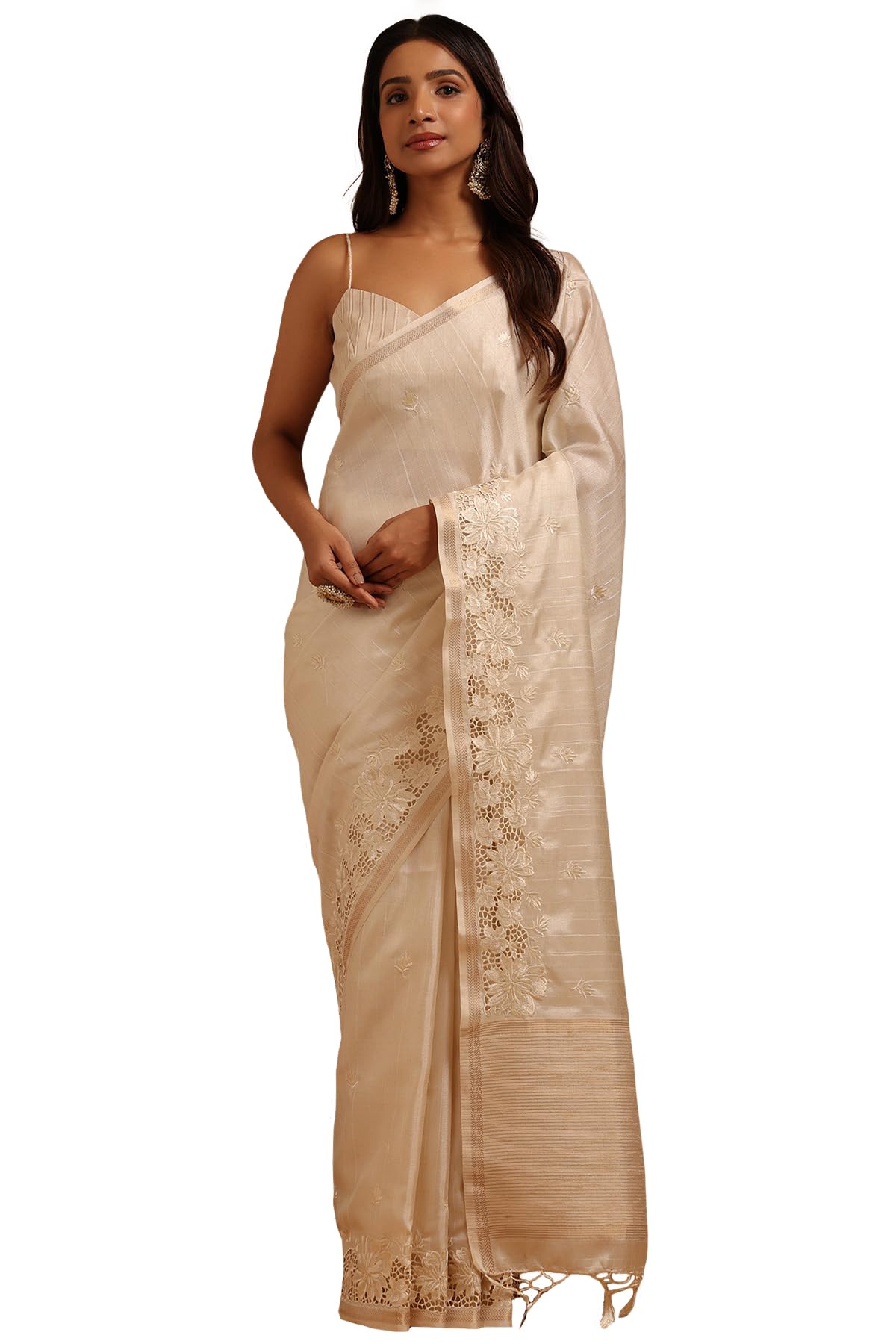 soch Womens Tussar Hand Embroidered Saree With Tassels-picture-11