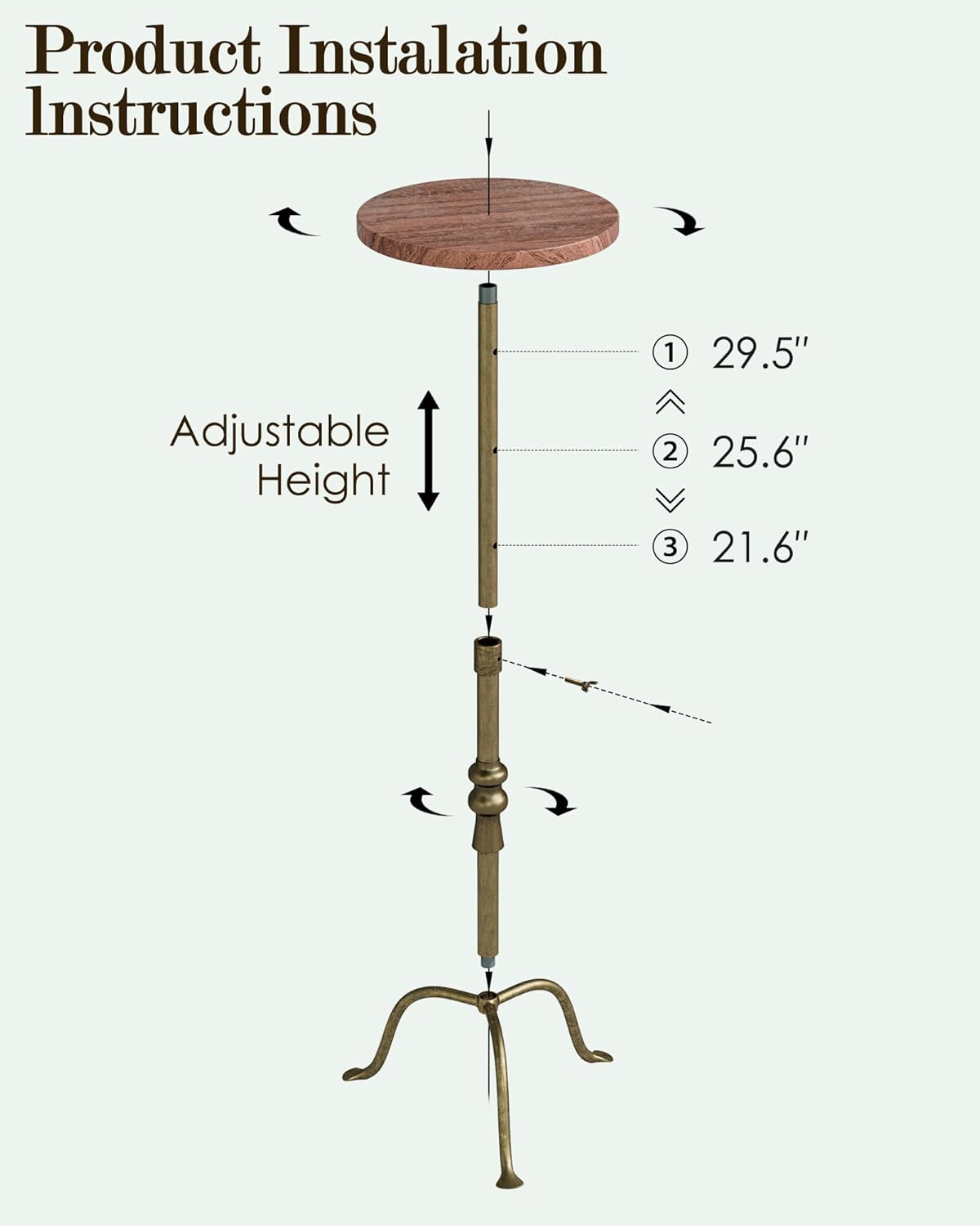 Adjustable Height Round Pedestal Table - 22-30 Inch, Modern Martini Cocktail End Table with Natural Travertine Top & Antique Brass Base for Small Spaces Living Room, Bedroom (Red Travertine)