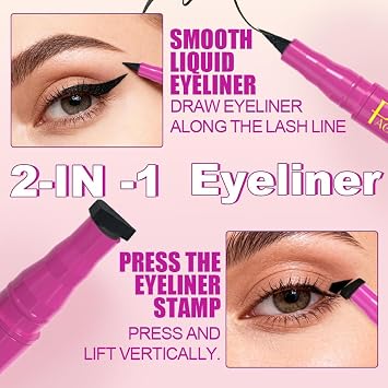 Dual Ended Black Liquid Eyeliner - 2 in 1 Winged Cat Eye Stamp & Felt-tip Eyeliner Pen, Waterproof, Long Lasting and Smudge Proof Eye Makeup Tool for Women