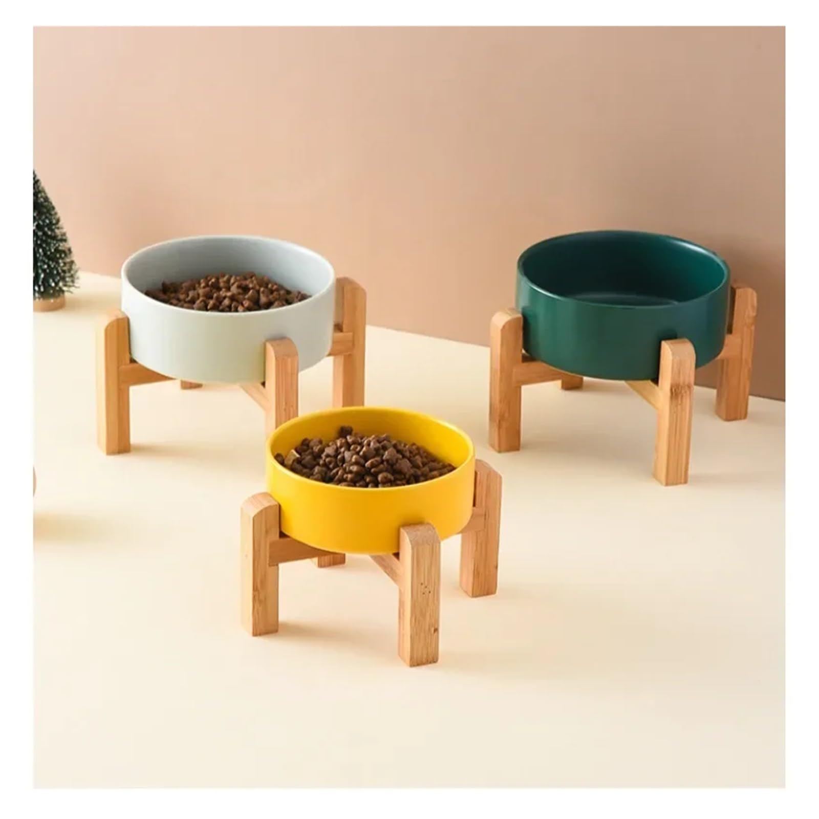 1500ml miska dla dużych psów podwójna ceramiczna podwyższona karma dla zwierząt domowych małe średnie duże artykuły do ​​karmienia psów z drewnianym stojakiem(Green,15.5cm 850ML)