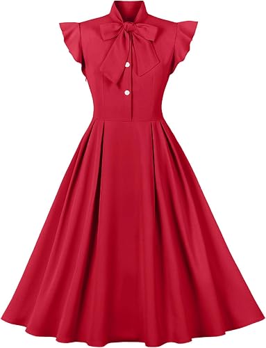 Women Vintage 1950s Dress Retro Rockabilly Cocktail Party Dresses Red 2XL