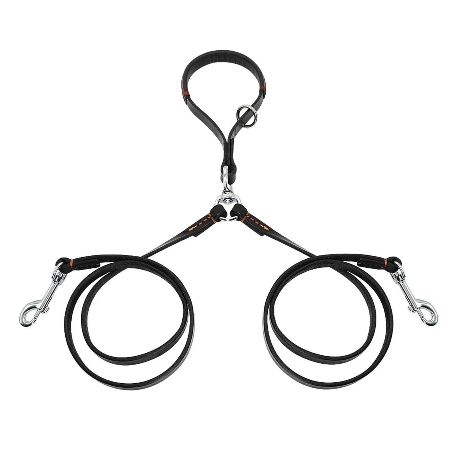 Laisse pour chien 2 voies double en cuir pour animal domestique avec coupleur anti-nœuds avec poignée pour la marche et le dressage de 2 chiens de petite et moyenne taille (noir)