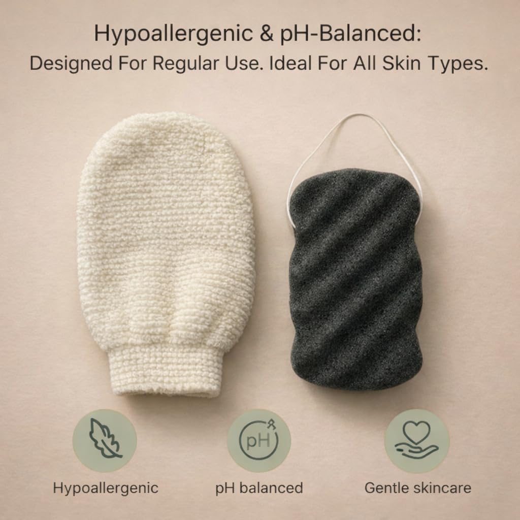 Korean Exfoliating Hemp Glove & Konjac Body Sponge Set Deep Exfoliating Soft Body Scrubber Glove & Konjac Body Sponge, Dead Skin Remover for Keratosis Pilaris 100% Vegan