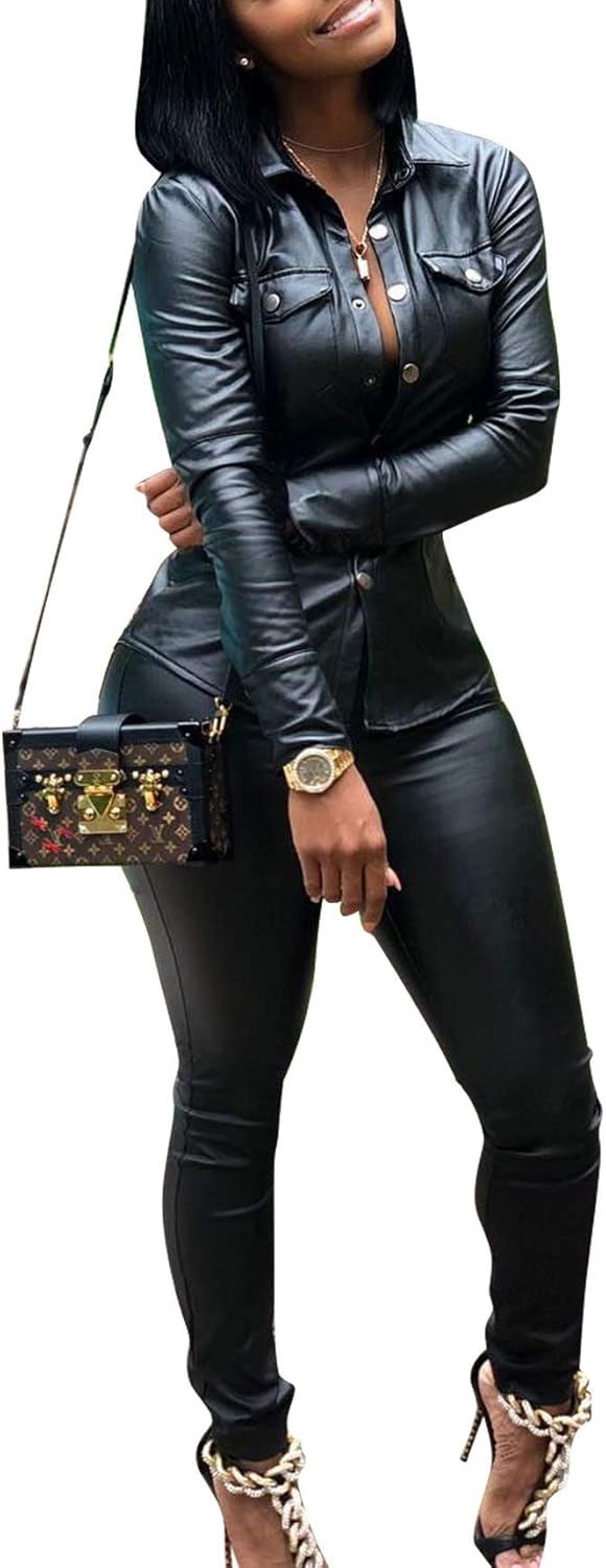 ksotutm Women 2 Piece Outfits Button Pocket Lapel Jacket Top And High Waist Leather Pencil Pants Set Medium Black