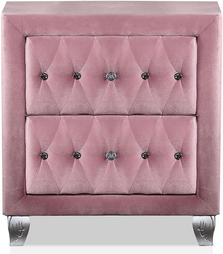 BOWERY HILL 3pc Bedroom Set, Queen Bed with Velvet-Like Pink Upholstery + 2 Nightstands, Diamond Tufted Headboard, Acrylic Button Accents, Solid Wood, Glam Style Furniture for Bedrooms