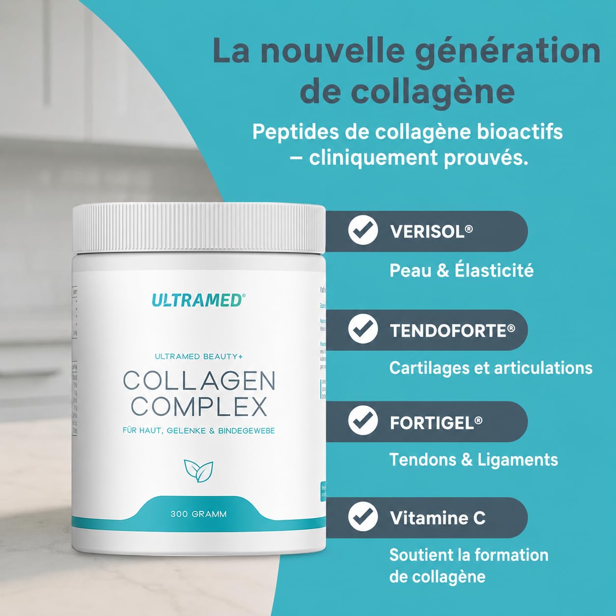 UltraMed - Poudre de collagène bioactive de qualité supérieure composée de VERISOL, TENDOFORTE & FORTIGEL + vitamine C | 300 g | peptides de marque pour la peau, le tissu conjonctif et la mobilité |