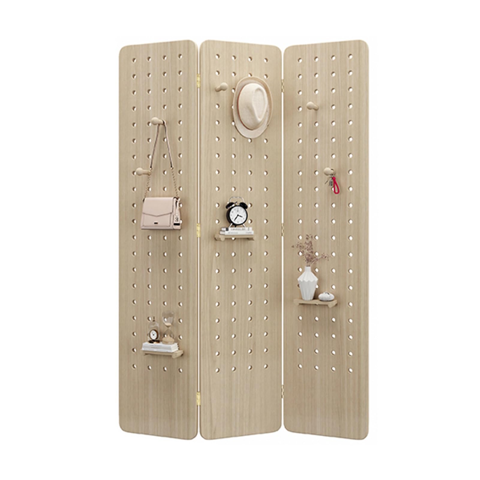 Pegboard-Raumteiler-Paneel, 4 Paneele, Pegboard-Display-Sichtschutz, Raumteilerwand mit Lagerregal, für Kunsthandwerks-/Kunstausstellungen, Einzelhandelsveranstaltungen (Holzfarbe, 180 x 40