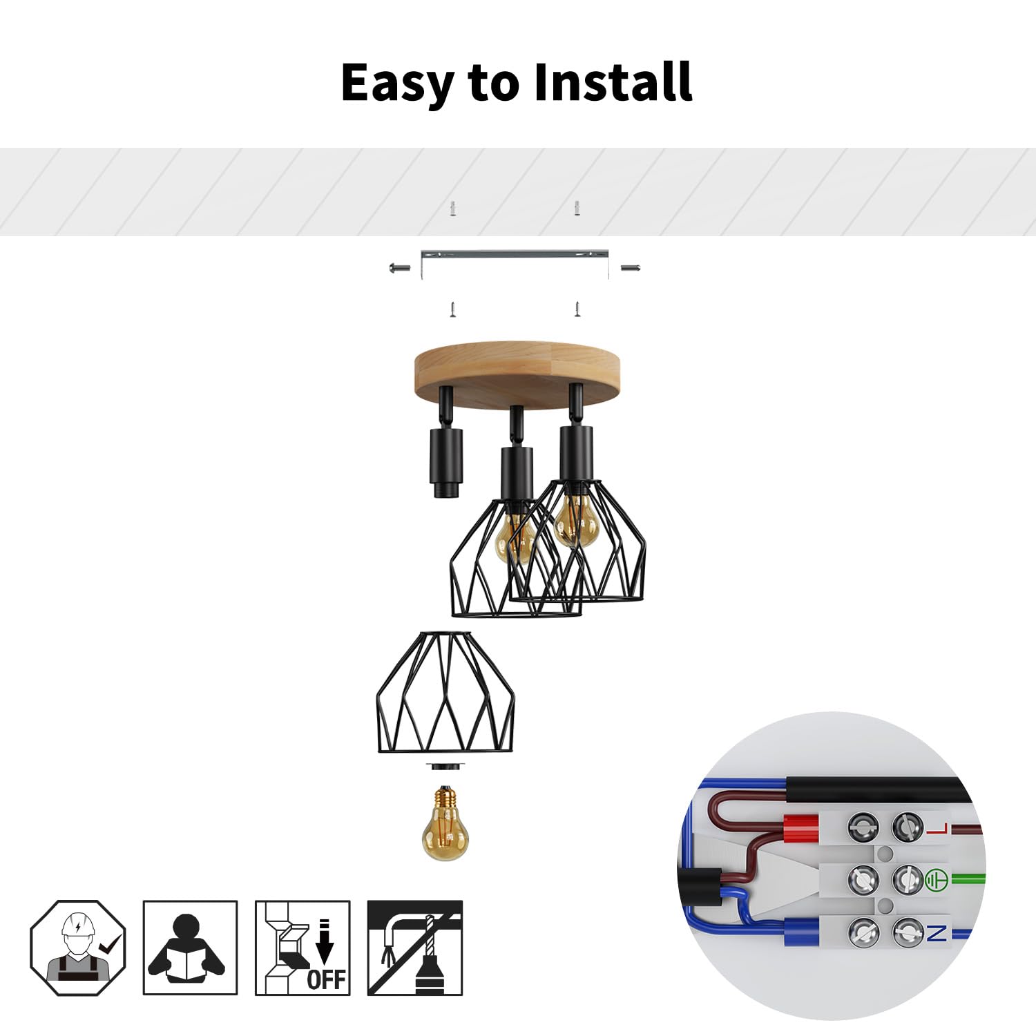 LVWIT Faretti LED da Soffitto Orientabili Nero, Faretto da Interno con 3 Lampadine LED E14, Base di Legno-Circolare, Faretti Soffitto Retrò per Barra, Salotto,Cameretta, Cucina (Lampadine Escluse)