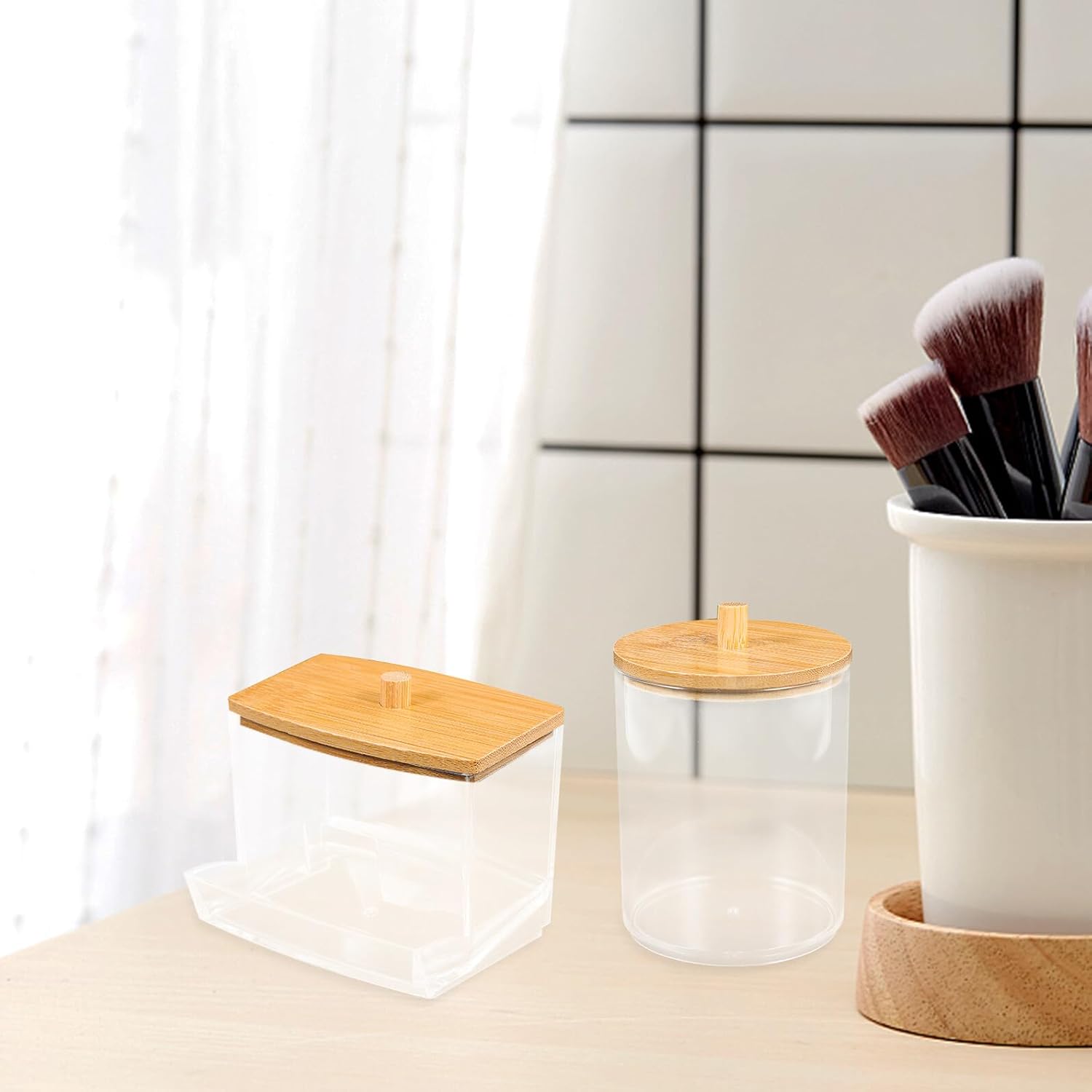 Cotton Swab Jars and Cotton Pad Storage Boxes with Lids, Acrylic Bathroom Canister Set for Dressing Table Makeup and Feminine Hygiene Organization, 4pcs Bathroom Storage Dispensers