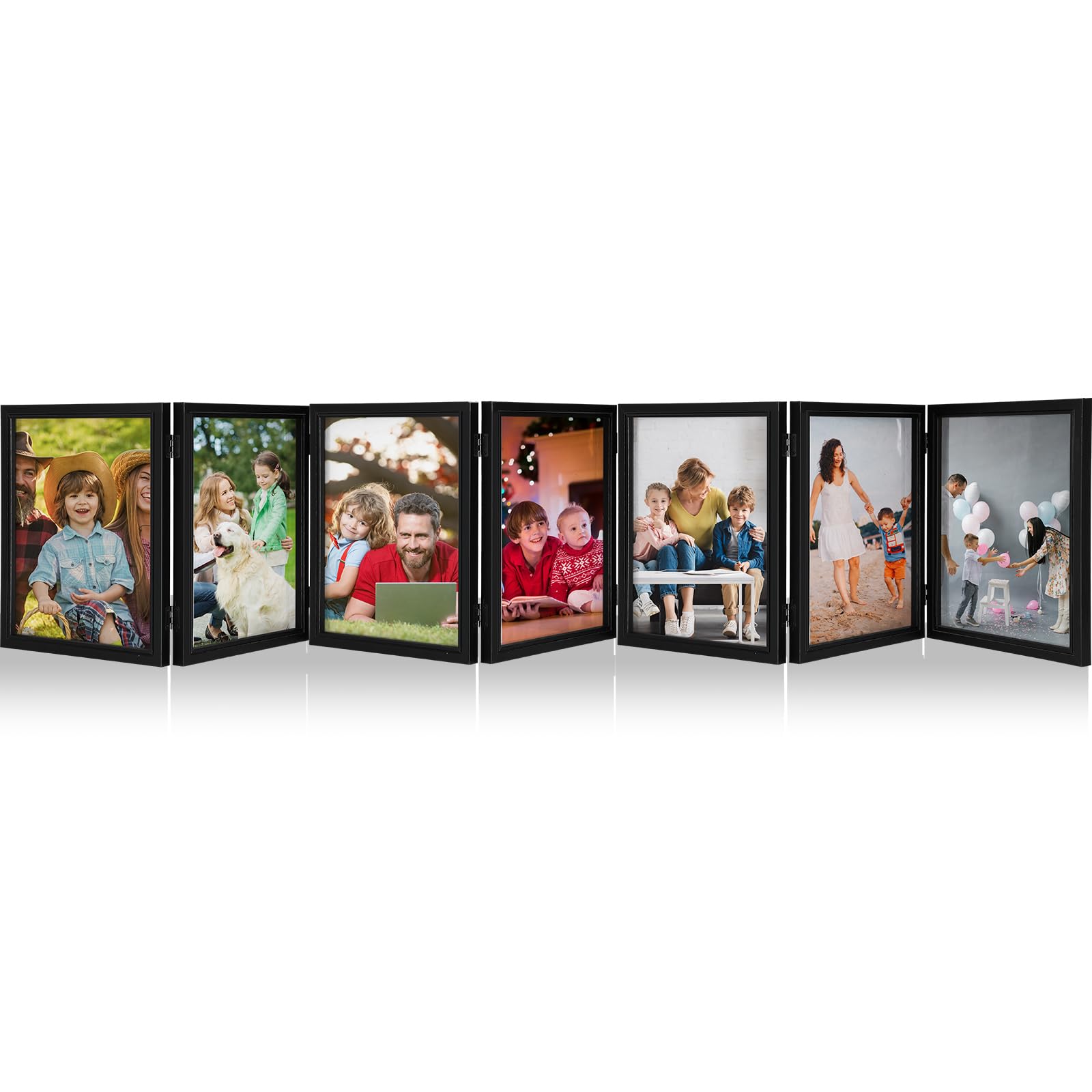 Sintuff 7 Folding 5 x 7 Hinged Picture Frames Foldable Collage Photo Frames High Definition Natural Wood Rustic Desktop Acrylic Frame for Family Birthday Gifts Wall Decor, Black