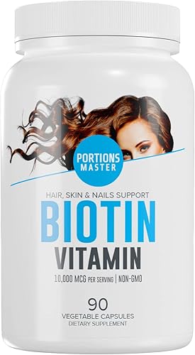 Portions Master Biotina Vitamina B 10000 mcg - 90 cápsulas vegetales - Soporte para el cabello la piel las uñas