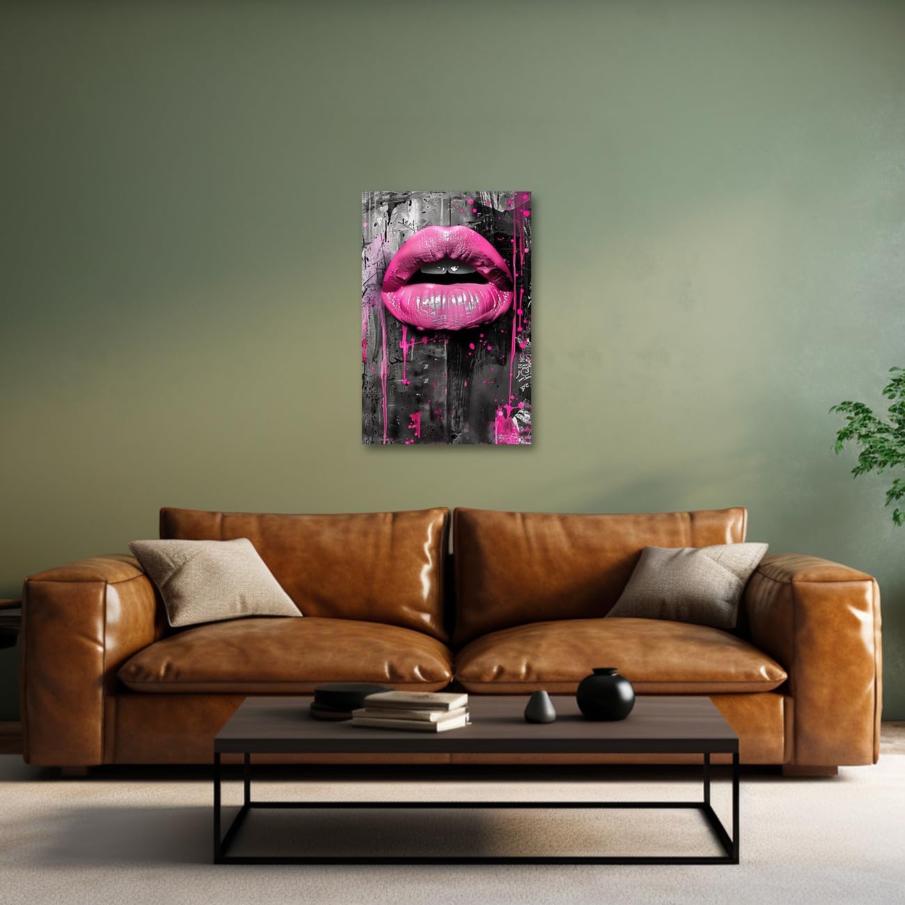 PBXBJY Lips Canvas Wall Art Female Pink Lips Pictures Pink Black Wall Decor Graffiti Painting Print Modern Artwork Beauty Salon Girls Room Decor Frame (12.00" x 18.00")