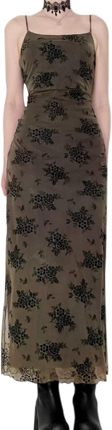 Women Vintage Floral Print Spaghetti Strap Maxi Dress Dark Gothic Sheer Mesh Sleeveless Bodycon Dresses for Party Club - Image 3