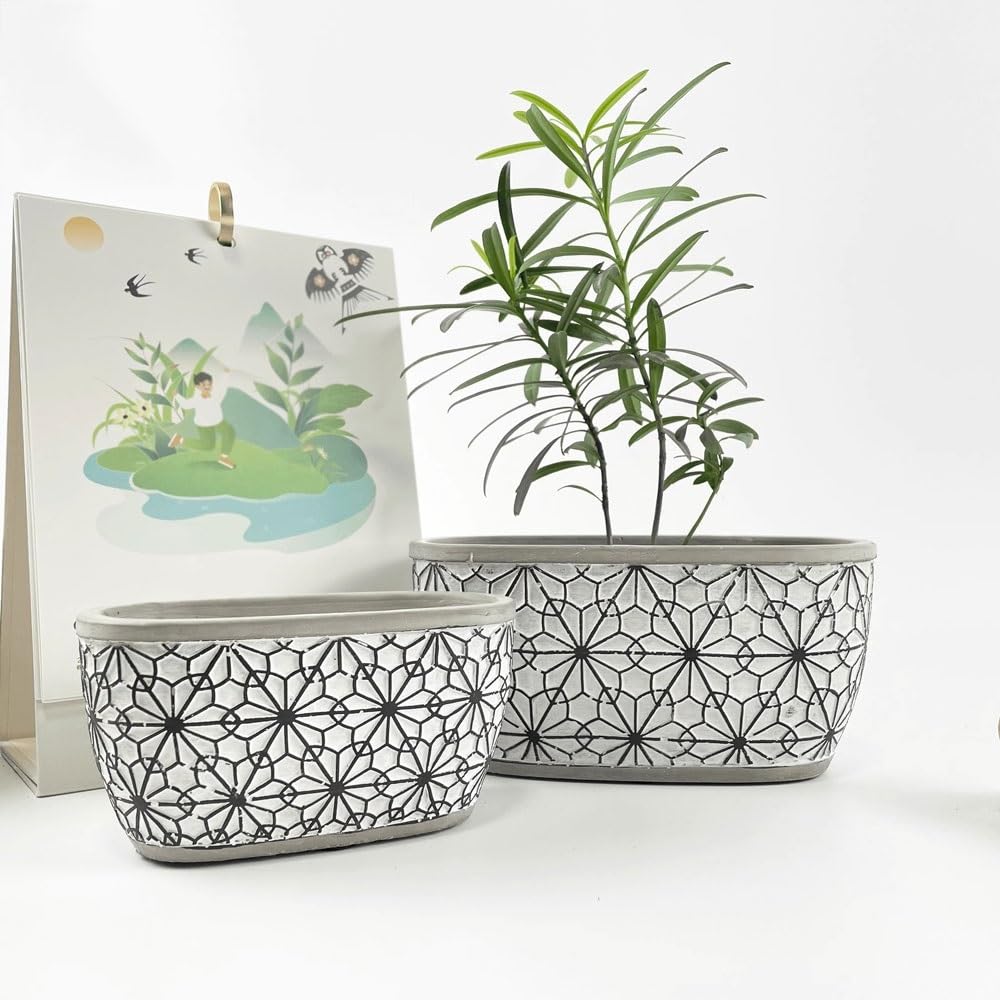 pot de fleur Jardinière rectangulaire en ciment avec pots de plantes à texture florale en relief, avec trou de drainage, récipient for plantes, for la décoration du rebord de fenêtre de la maison cach