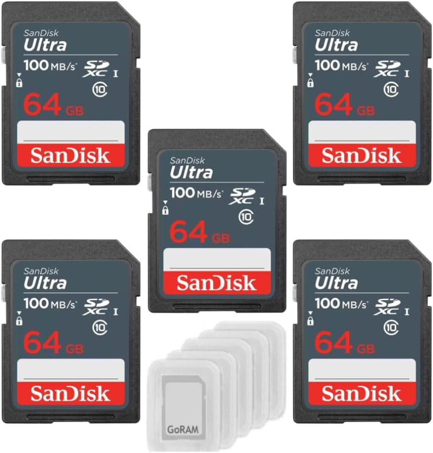 SanDisk 64GB (5 Pack) Ultra SDXC UHS-I Class 10 100MB/s Full HD, SD Camera Card SDSDUNR-064G-GN3IN Bundle with (5) GoRAM Plastic Cases
