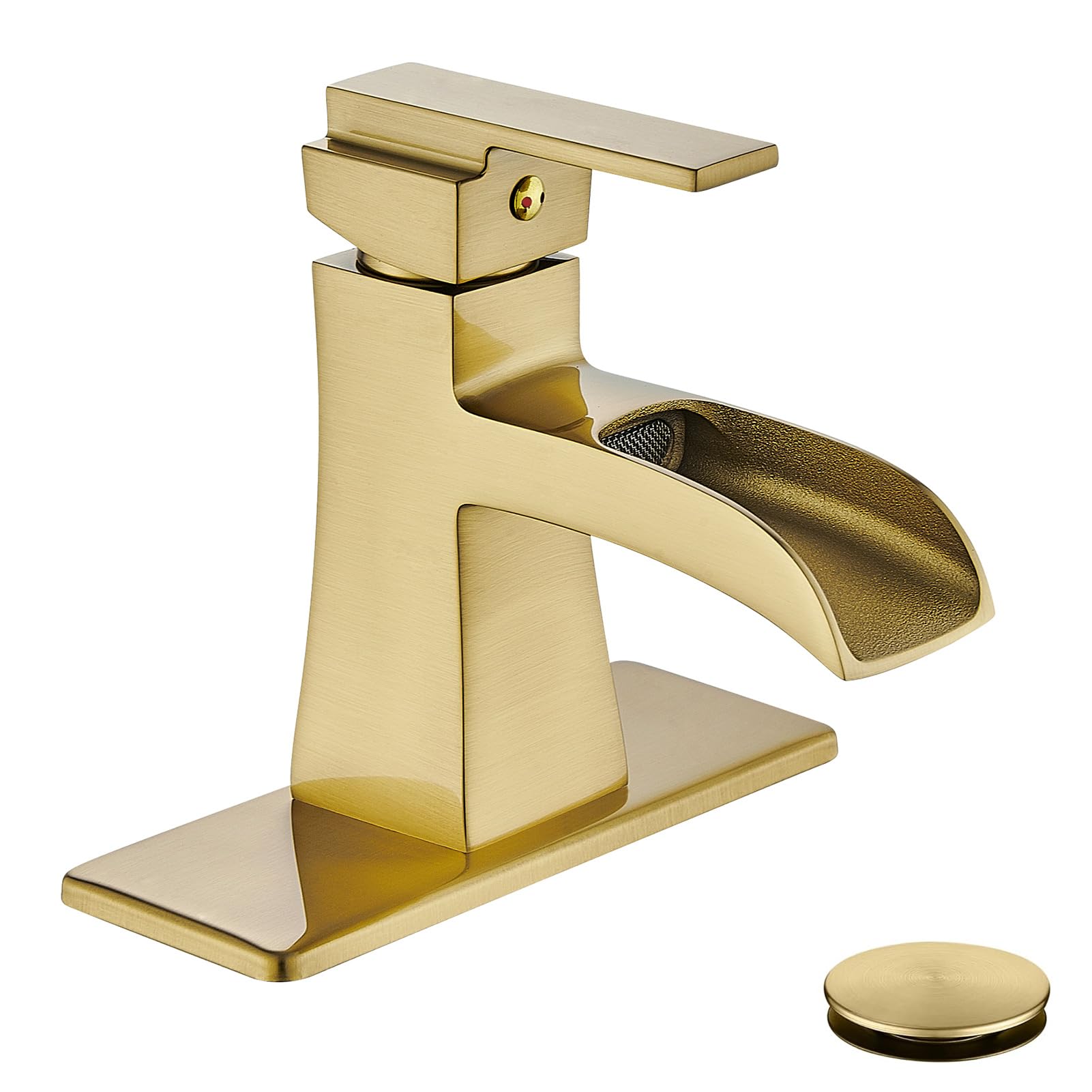 Brushed Gold Bathroom Faucet Single Hole, Modern Waterfall Bathroom Sink Faucet, Single Handle Bathroom Vanity Faucets with Pop Up Drain and 6-Inch Deck Plate, Champagne Bronze