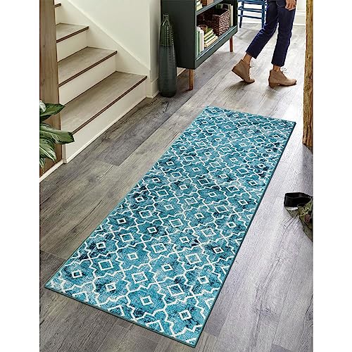 Moynesa Washable Area Rug, 2X6 Runner Rug For Hallway Non Slip, Moroccan Teal Bedroom Laundry Room Carpet Runner Geometric Trellis Throw Mat For Kitchen Sink Bathroom Living Room Entryway #TOP7