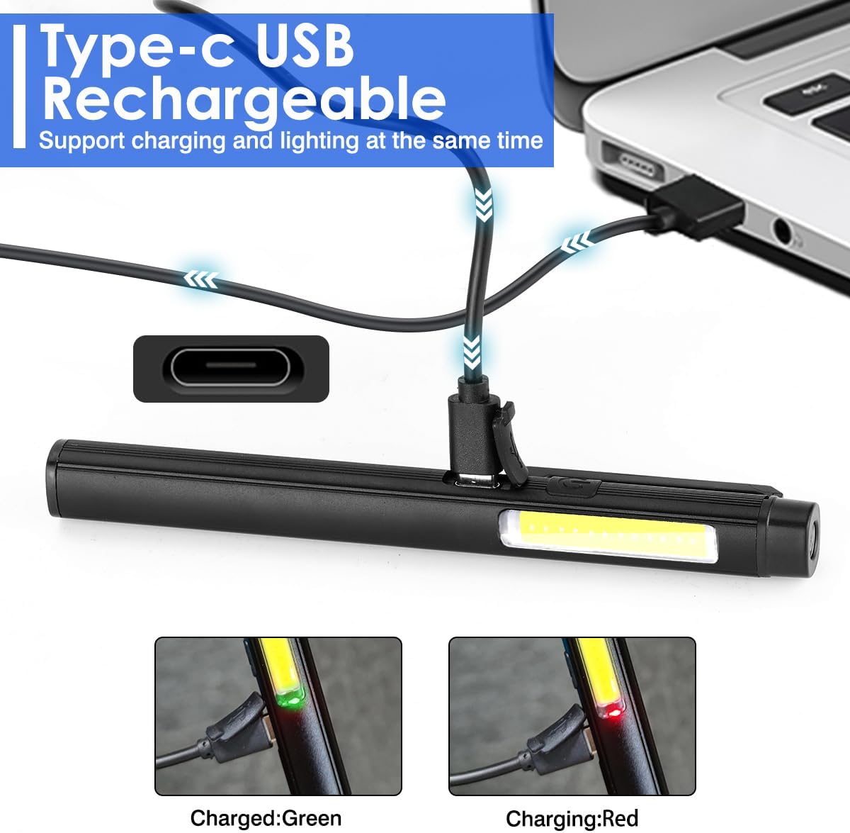 2 Pack LED Pen Flashlight, Bright USB Rechargeable Pen Light Penlight with 365nm UV Black Light, 600LM Pocket Flashlight with Clip for Inspection, Work, Repair, Pet Secretion, Magnetic Cob Lights