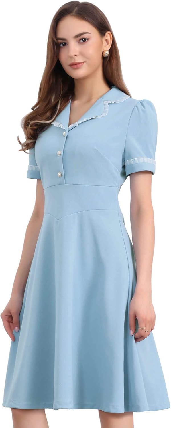Allegra K Peter Pan Collar Dress for Women's Work Puff Sleeve Vintage Dresses