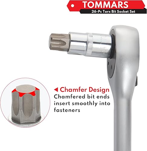 Miniatura 5 de TOMMARS Juego de llaves Torx de 26 piezas, Torx Star a prueba de manipulaciones de puntas de seguridad 14", 38", 12" Drive T Sockets T10-T70 y