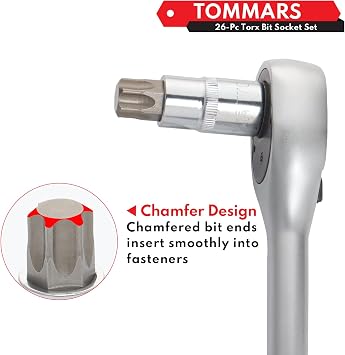 TOMMARS 1/2 Drive Ratchet with 26-PC Torx Socket Set
