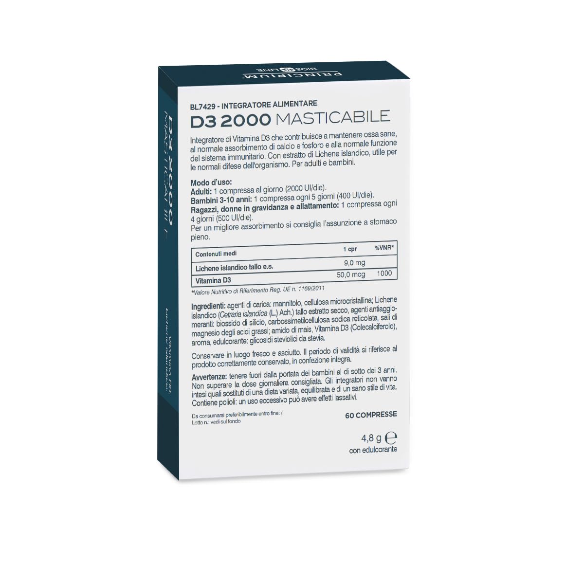 BIOS LINE Principium D3 2000, Integratore di Vitamina D3 con Lichene Islandico, Integratore Bambini e Adulti per Ossa e Denti, 60 Compresse Masticabili