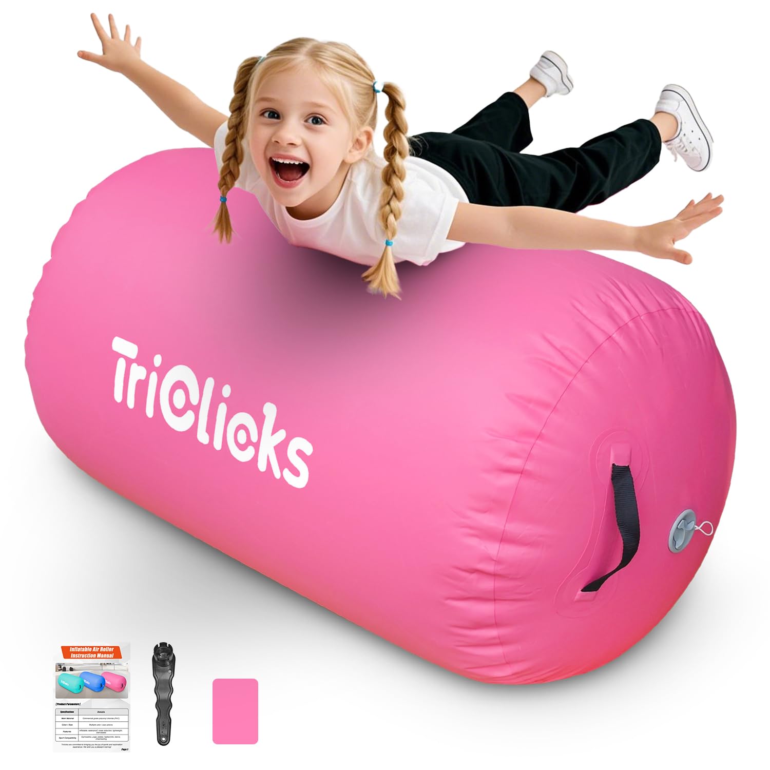 Triclicks Inflatable Air Roller Gymnastics Mats 4 Sizes 80/100/120 cm Air Roll Air Barrel Gymnastics Mat Tumbling Mat Fitness Exercise Training Roller for Home Use & Gym (Pink, 100 x 60cm) — image 1